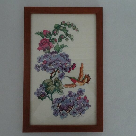 Handmade Other - Vintage Framed Bird Embroidery Cross Stitch Hummingbird Floral 9.75"x15.5"